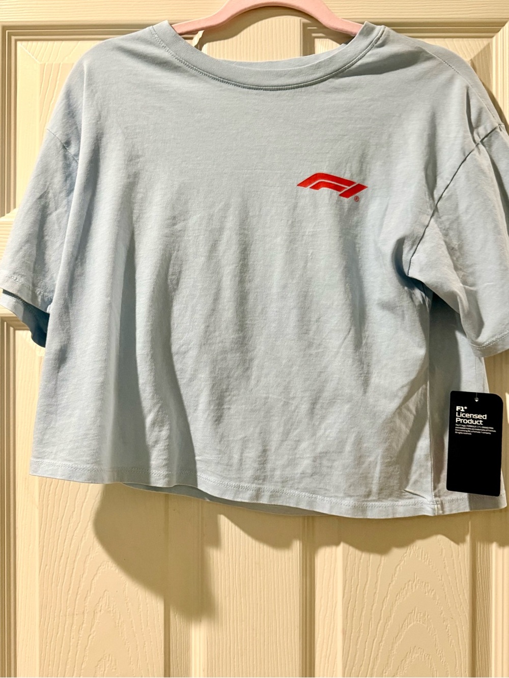 Official Formula 1 Light Blue Crop Tee with Red Logo Tag